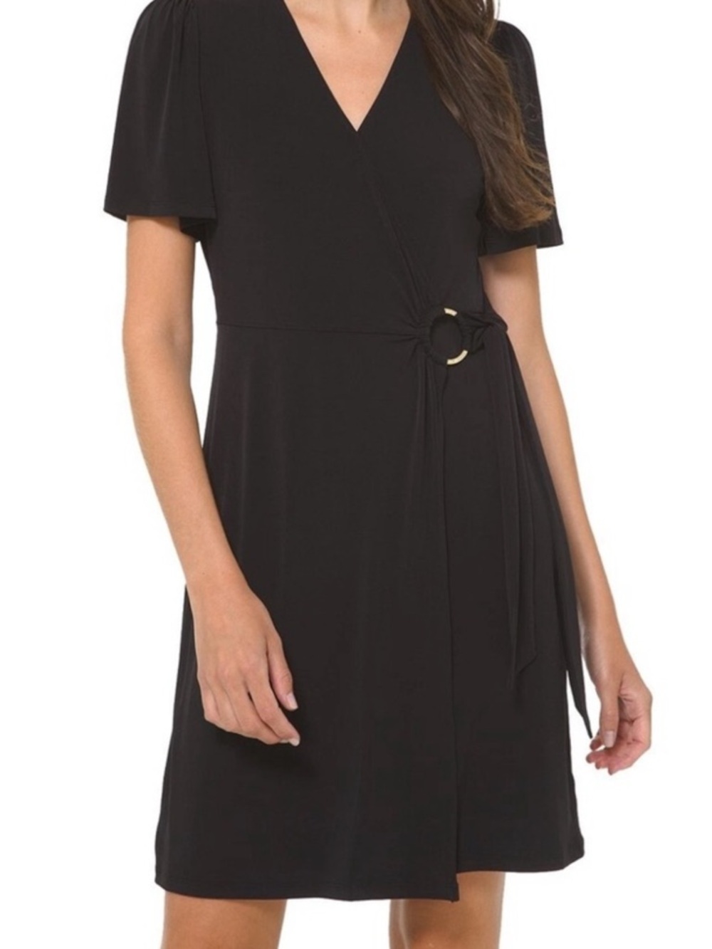 Michael Kors Wrap Dress Womens Size M Black Knit Gold Ring Tie Waist